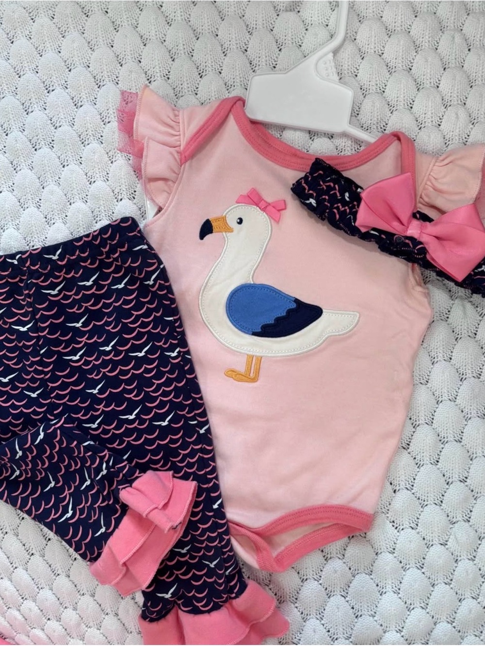 Starting Out Pink Seagull Bodysuit & Navy Pink Ruffle Pants Set